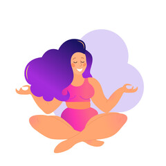 Plus size curvy lady doing yoga class. Vector illustration isolated on white. Online home workout. Bodypositive. Attractive overweight woman. Sukhasana or easy pose, simple cross-legged sitting asana