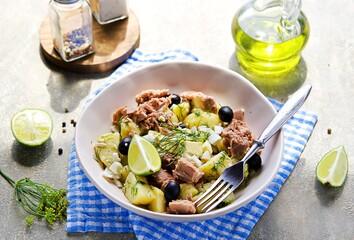 Potato salad in a Mediterranean style with canned tuna and olives in a ceramic bowl on a light gray concrete background. American cuisine.