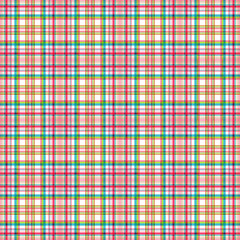 Checkered seamless pattern, subtle bright pink, turquoise and yellow-green stripes, white background.