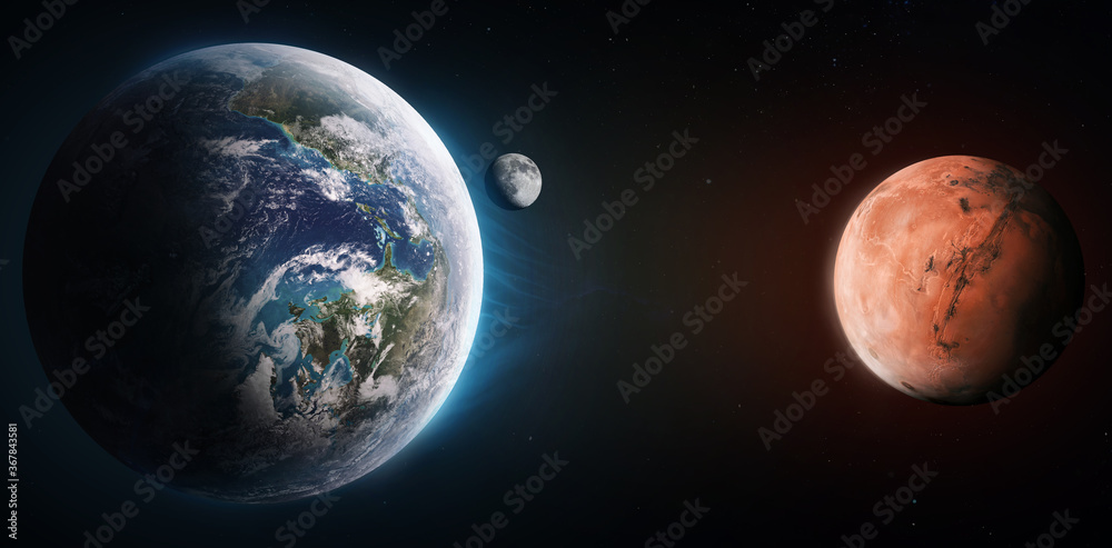 Poster Earth planet and red planet Mars in deep space. Distance between planets. Elements of this image furnished by NASA