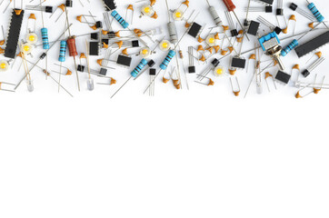 Set of various electronic components on white background with copy space. Close-up, top view
