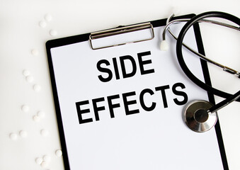 Side effects, next to the tablet, is a stethoscope and tablets.