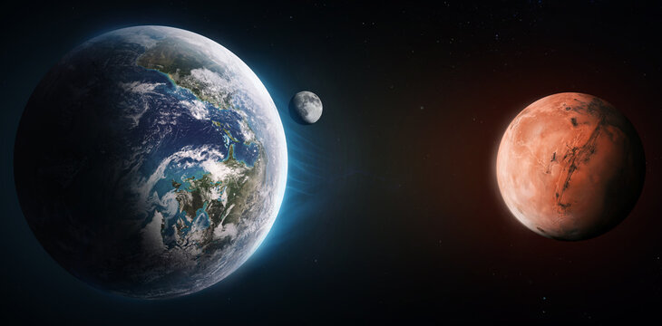 Earth planet and red planet Mars in deep space. Distance between planets. Elements of this image furnished by NASA