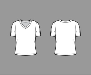 V-neck jersey t-shirt technical fashion illustration with short rib sleeves, oversized body. Flat sweater apparel template front, back white color. Women, men unisex outwear top CAD mockup