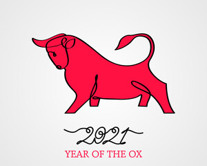 Continuous drawing of the bull symbol of 2021. greeting card drawn in one line.