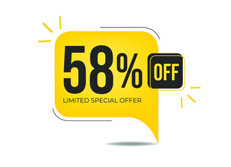 58% off limited special offer. Banner with fifty-eight percent discount on a yellow balloon.