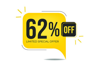 62% off limited special offer. Banner with sixty-two percent discount on a yellow balloon.