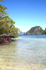 Very beautiful landscape with rocks, mountains and green vegetation trees in the lagoon of El Nido, palawan, Philippines Islands.