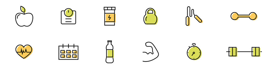 Obraz premium Set of stylish icons for gym, fitness and sport lifestyle. Health care concept. Vector illustration 