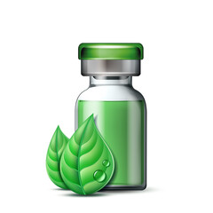 Transparent glass ampule with vaccine or drug for medical treatment and two green leaves.