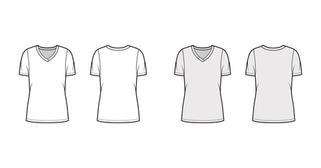 V-neck jersey t-shirt technical fashion illustration with short sleeves, oversized body tunic length. Flat sweater apparel template front back white grey color. Women men unisex outwear top CAD mockup