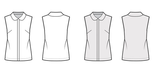Blouse technical fashion illustration with round collar, sleeveless, loose silhouette, front button fastenings. Flat shirt apparel template front back white grey color. Women men unisex top CAD mockup