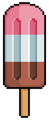 Pixel art Neapolitan popsicle, chocolate, cream and strawberry. 8bit game item on white background