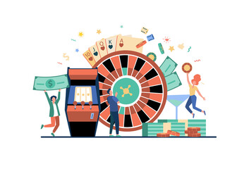 People playing poker and winning money. Gamblers with roulette, slot machine, and chips. Vector illustration for online casino, poker club, blackjack, gambling concepts