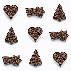 christmas coffee bean pattern, coffee beans are filled into cookie cutter, christmas tree shape, heart shape and shooting star
