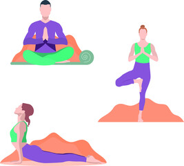 Flat yoga positions in shades of green and purple