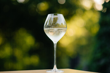 A glass of white wine outdoors at sunset. Exquisite white wine in a glass against the background of the garden