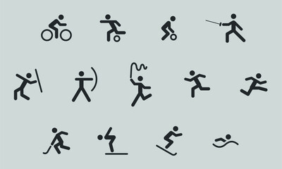vector icon set of sports, cycling, football, basketball, fencing, archery, gymnastics rhythmic, athletics, hockey, diving, skiing and swimming