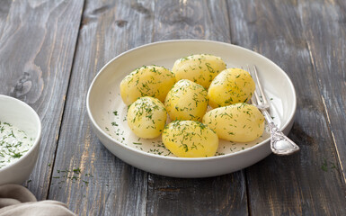 Young boiled potatoes with dill and garlic sour cream sauce on wooden table