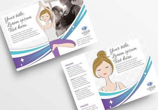 Yoga Studio Flyer Layout with Purple Swoosh and Character Illustration