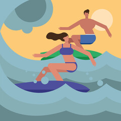 young couple wearing swimsuits surfing characters