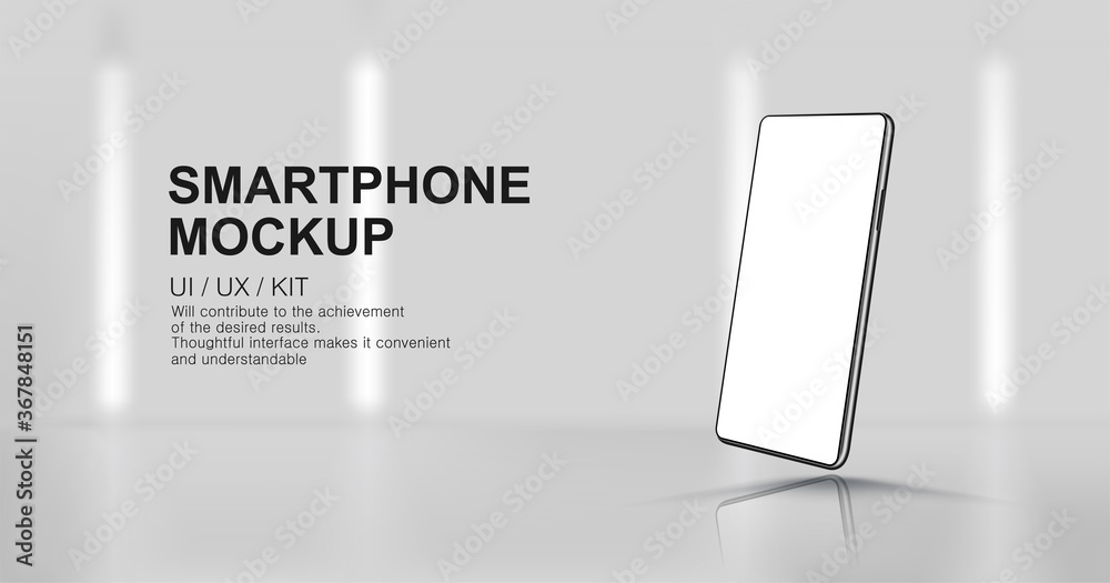 Aufkleber Mockup mobile phone in rotated position on modern empty studio background with lamps and glow effect. 3D Smartphone mock up with blank screen. Template for presentation. Vector illustration