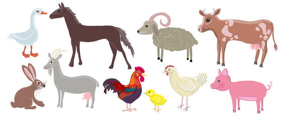 Set of farm animals in cartoon style - cow, sheep, horse, goose, goat, pig, rabbit, rooster, chicken and chick. Drawing isolated on a white background. Stock vector illustration.