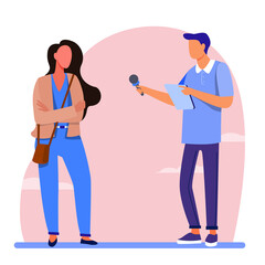 Fototapeta na wymiar Male journalist interviewing young woman. Microphone, question, dialog flat vector illustration. Show and television concept for banner, website design or landing web page