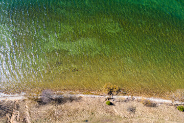 Aerial view of spring landscape lake. Lake Naroch, Minsk region, Belarus