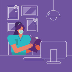 professional female surgeon wearing medical mask working in desktop