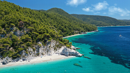 Obraz premium Aerial bird's eye view photo taken by drone of tropical seascape and sandy beach with turquoise clear sea and pine tree forest