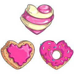 Set of heart shaped bitten candy, donut and cooky. Sweet hearts vector illustrations for your Valentine’s Day, food festival and other party designs.