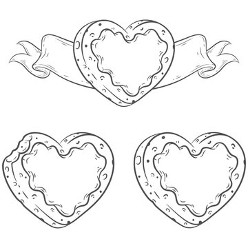 Line art set of heart shaped bitten and intact cookies. Sweet hearts vector illustrations for your Valentine&rsquo;s Day, food festival and other party designs.