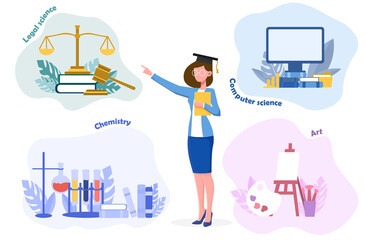 Young lady in glasses making a choise for further education legal science, computer science, chemistry and art. Vector illustration