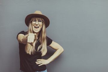 pretty girl with glasses and hut