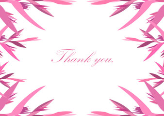 Fototapeta na wymiar Thank you card with pink floral elements on white background. Flower cover template. Greeting card design. Botanical frame.