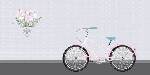 Fototapeta na wymiar Bicycle stands on a city street - brick wall, hanging vase with flowers - vector. Car Free Day.