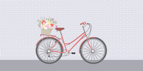 Bicycle, basket with flowers stands on a city street - brick wall - vector. A day without a car.