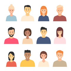 Young happy multicultural people avatar set. Smiling people heads vector illustration collection. Diverse business men and women avatar icon. Flat design people characters. Male and female faces group