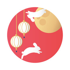 mid autumn festival moon with rabbits and lanterns hanging