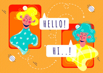 Working from home, social distancing, business discussion, quarantine concept. Girls talk to each other on smartphone screens. Video call with your family, colleagues, friends online during COVID-19.