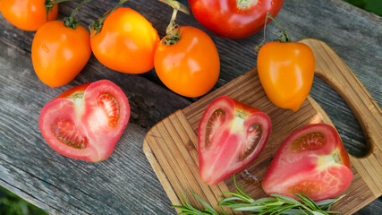 Various colorful tomatoes and rosemary herb on rustic wooden background