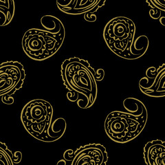 Seamless gold paisley pattern on white background. Oriental decoration print. Boho style, for wrapping, wallpaper, fabric. Indian ornament