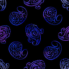 Seamless gold paisley pattern on white background. Oriental decoration print. Boho style, for wrapping, wallpaper, fabric. Indian ornament