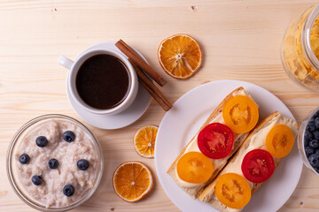 morning breakfast concept with tomato toasts
