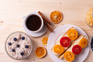 morning breakfast concept with tomato toasts