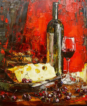 Still life on a bright red background. A bottle of good wine, a glass, cheese and a sweet cherry are depicted, painted in the expressive manner. Palette knife technique of oil painting and brush.