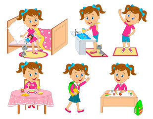 kids,girl daily routine, illustration,vector