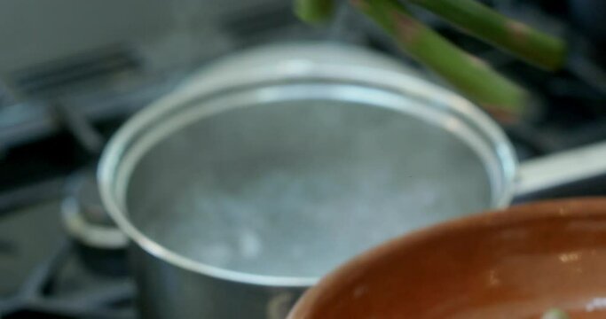CU Woman's hand putting green asparagus into pan with boiling water / Dorset, UK