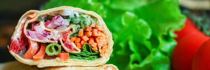 tortilla burrito wrap stuffing vegetables lavash vegetarian pita bread Menu concept Takeaway serving size fast food background top view copy space 